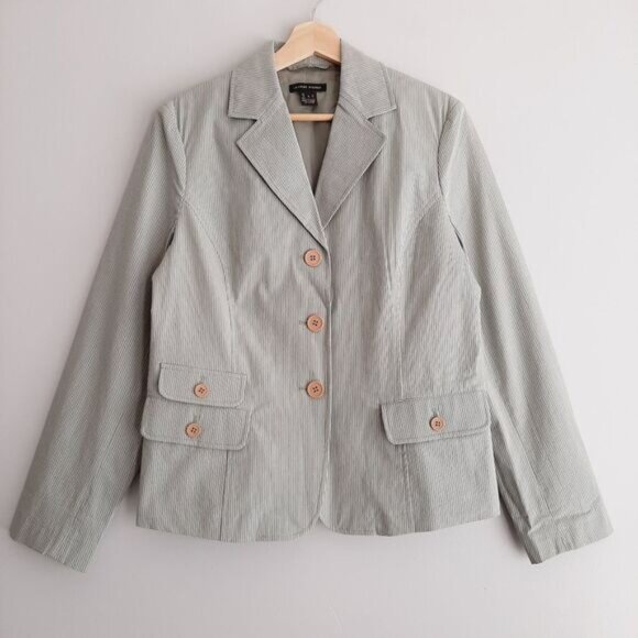 JEANNE PIERRE Textured Stripe Pastel Green Button Front Blazer Jacket Sz L - Picture 2 of 14